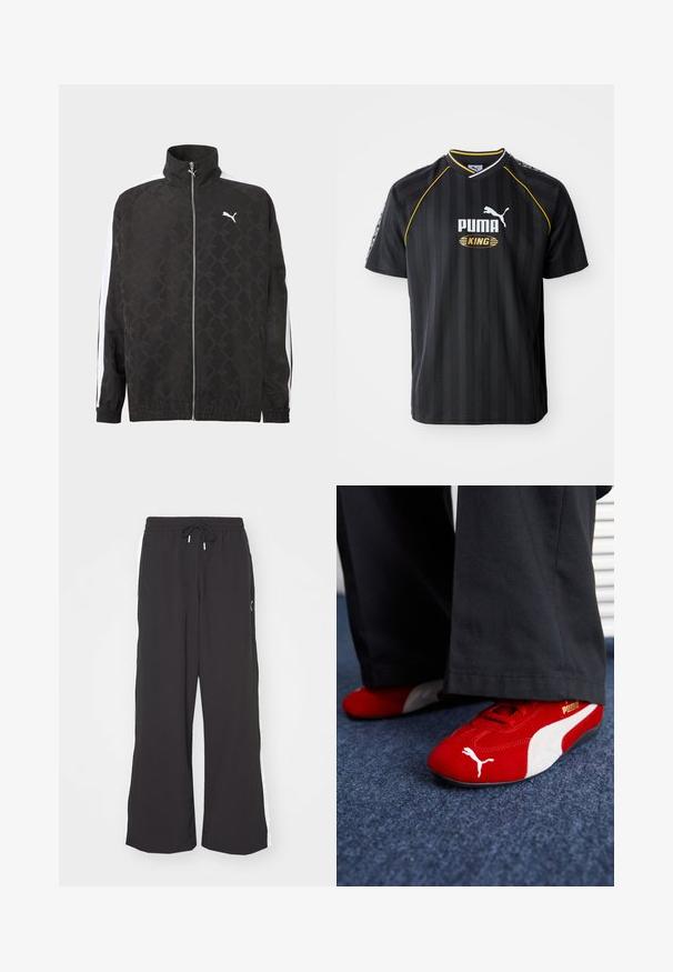 Veste noire à fermeture éclair intégrale avec un motif géométrique subtil, logo Puma blanc sur la poitrine, et des rayures blanches courant le long des manches.; Maillot de sport noir avec des rayures verticales, un col rond et des détails jaunes. Affiche les logos "PUMA" et "KING" à l'avant.; Pantalons de survêtement larges noirs avec une taille élastique et un cordon de serrage. Dotés de bandes blanches sur les côtés et de deux poches latérales. Texture lisse.; Baskets en suède rouge avec des accents blancs, dotées d'un matériau texturé, d'une pointe arrondie et d'un logo doré sur le côté, portées avec un pantalon noir.