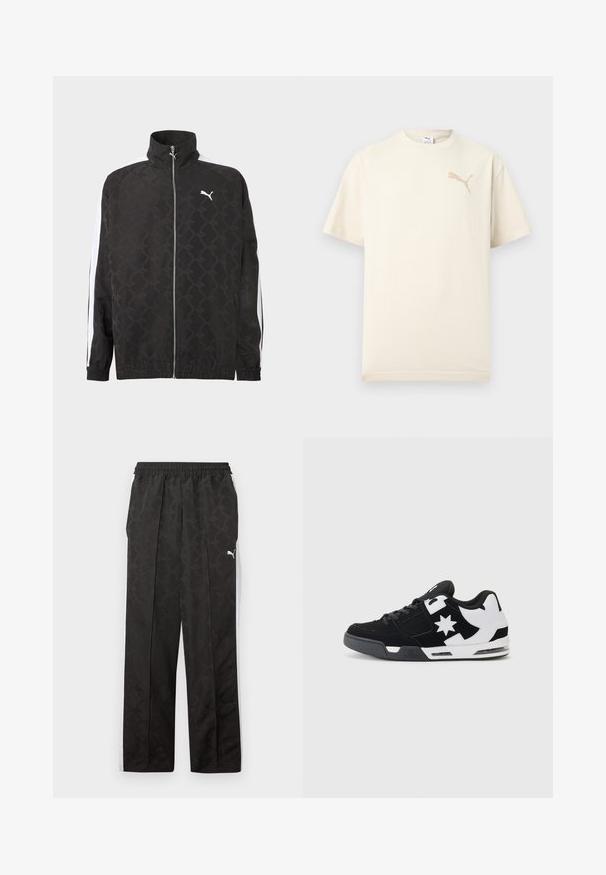 Sort fuld-zipjakke med subtilt geometrisk mønster, hvid Puma-logo på brystet og hvide striber ned ad ærmerne.; Kortærmet cremefarvet t-shirt med beige Puma-logo på øverste venstre bryst og rund halsudskæring, vist på ensfarvet lys baggrund.; Sorte atletikbukser med subtilt mønster, hvide sidestriber, elastisk taljebånd og et hvidt Puma-logo på den øverste lår.; Sort og hvid sneakers lavet af ruskind og mesh. Har et fremtrædende stjernelogo og dristige detaljer på siden, samt en polstret sål.