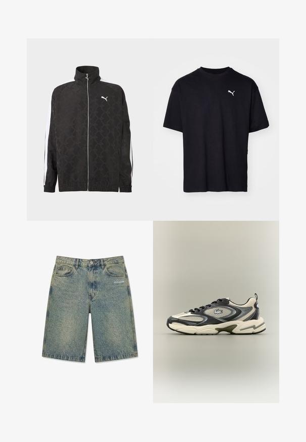 Zwarte jas met volledige ritssluiting en een subtiel geometrisch patroon, wit Puma-logo op de borst en witte strepen langs de mouwen.; Zwarte katoenen t-shirt met korte mouwen, ronde halslijn en een wit Puma-logo op de bovenste linkerborst. Klassieke pasvorm, soepele textuur.; Lichtblauwe denim shorts met een vervaagd effect, voorzakken, riemlussen, knoopsluiting en het "PEGADOR" logo op de rechter voorzak.; Zwarte en crème sport sneaker met bovenwerk van mesh, rubberen zool en opvallend logo-detail. Rond neus met textuuraccenten.