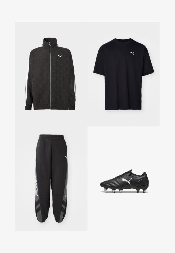 Zwarte jas met volledige ritssluiting en een subtiel geometrisch patroon, wit Puma-logo op de borst en witte strepen langs de mouwen.; Zwarte katoenen t-shirt met korte mouwen, ronde halslijn en een wit Puma-logo op de bovenste linkerborst. Klassieke pasvorm, soepele textuur.; Zwarte joggers van zacht materiaal. Kenmerken zijn een elastische tailleband, taps toelopende pijpen, grijze accenten en witte logo's op de zijkanten.; Zwarte voetbalschoenen van gestructureerd materiaal, met een wit Puma-logo, vetersluiting en metalen noppen voor grip. Het ontwerp benadrukt prestaties en ondersteuning.