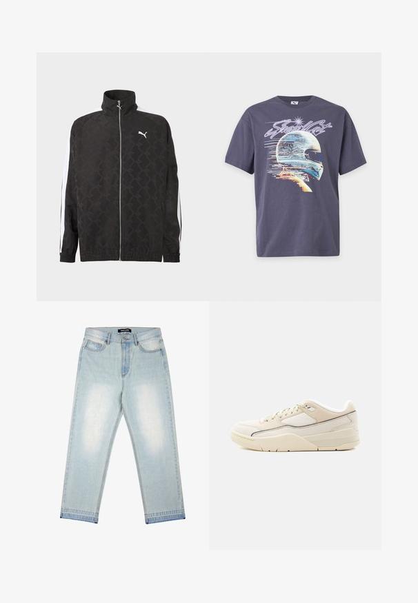 Schwarze Jacke mit durchgehendem Reißverschluss und dezentem geometrischem Muster, weißes Puma-Logo auf der Brust und weiße Streifen an den Ärmeln.; Dunkelgraues T-Shirt mit einer digital gestalteten Grafik eines Rennhelms und dem Wort "Steadfast" darüber in stilisiertem Text.; Pegador BARROW - Loose Jeans - sand washed blue; Niedriger Sneaker in Cremefarbe mit beigen Akzenten, Schnürverschluss, gepolstertem Kragen und strukturierter Sohle vor hellem, einfarbigem Hintergrund.