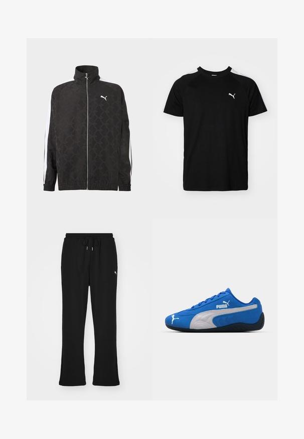 Zwarte jas met volledige ritssluiting en een subtiel geometrisch patroon, wit Puma-logo op de borst en witte strepen langs de mouwen.; Zwarte t-shirt met korte mouwen, voorzien van witte accenten op de schouders, een ronde halslijn en een klein wit logo op de linkerborst. Zacht materiaal, klassieke pasvorm.; Zwarte sweatpants met elastische tailleband en trekkoord, voorzien van zijzakken en een subtiele logo op het linkerpand. Zacht materiaal, uitlopende pasvorm.; Blauwe sportieve schoenen met een bovenkant van suède, voorzien van een witte zijkant en een zwarte rubberen zool. Inclusief een verhoogd PUMA-logo aan de zijkant.