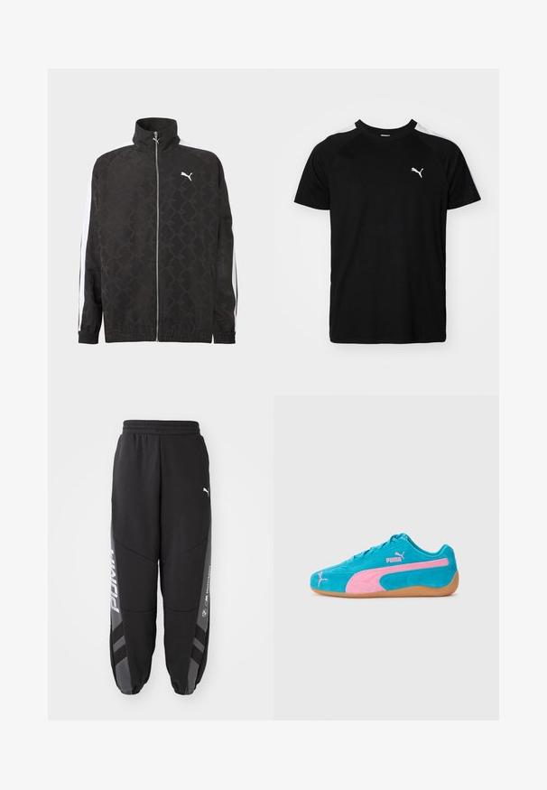 Zwarte jas met volledige ritssluiting en een subtiel geometrisch patroon, wit Puma-logo op de borst en witte strepen langs de mouwen.; Zwarte t-shirt met korte mouwen, voorzien van witte accenten op de schouders, een ronde halslijn en een klein wit logo op de linkerborst. Zacht materiaal, klassieke pasvorm.; Zwarte joggers van zacht materiaal. Kenmerken zijn een elastische tailleband, taps toelopende pijpen, grijze accenten en witte logo's op de zijkanten.; Suede sneakers in helderblauw met roze accenten en een gumrubberen zool. Beschikt over een vetersluiting en geborduurd logo detail.