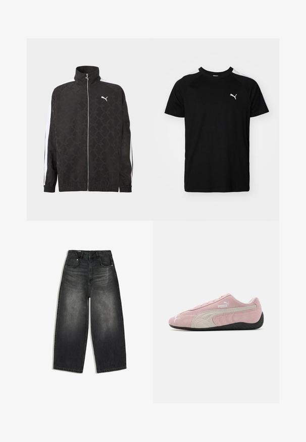 Veste noire à fermeture éclair intégrale avec un motif géométrique subtil, logo Puma blanc sur la poitrine, et des rayures blanches courant le long des manches.; T-shirt noir à manches courtes avec des rayures blanches sur les épaules, col rond et petit logo blanc sur la poitrine gauche. Tissu doux, coupe classique.; Jean en denim noir délavé à jambes larges avec poches avant et arrière, passants pour ceinture et fermeture par bouton à la taille.; Baskets en suède rose avec accents gris, design épuré, tige texturée et semelle en caoutchouc noir. Présente le logo Puma sur le côté.