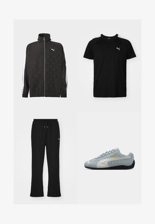 Chaqueta negra con cremallera completa y sutil patrón geométrico, logo blanco de Puma en el pecho y rayas blancas a lo largo de las mangas.; Camiseta negra de manga corta con franjas blancas en los hombros, escote redondo y pequeño logo blanco en el lado izquierdo del pecho. Tejido suave, corte clásico.; Pantalones de chándal negros con cintura elástica y cordón, con bolsillos laterales y un sutil logo en la pierna izquierda. Tela suave, forma acampanada.; Zapatilla de ante azul claro con detalles en blanco, diseño texturizado en los laterales, suela de goma negra y logo dorado. Diseñada para uso casual.
