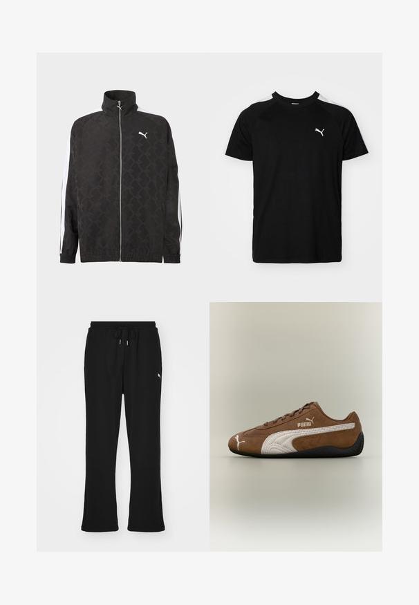 Chaqueta negra con cremallera completa y sutil patrón geométrico, logo blanco de Puma en el pecho y rayas blancas a lo largo de las mangas.; Camiseta negra de manga corta con franjas blancas en los hombros, escote redondo y pequeño logo blanco en el lado izquierdo del pecho. Tejido suave, corte clásico.; Pantalones de chándal negros con cintura elástica y cordón, con bolsillos laterales y un sutil logo en la pierna izquierda. Tela suave, forma acampanada.; Zapatilla de ante marrón con detalles en blanco y diseño texturizado. Cuenta con una suela de goma negra y un prominente logo de Puma en el lateral.