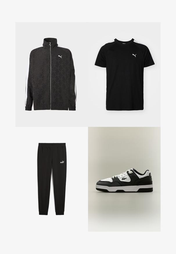 Sort fuld-zipjakke med subtilt geometrisk mønster, hvid Puma-logo på brystet og hvide striber ned ad ærmerne.; Sort kortærmet t-shirt med hvide accentstriber på skuldrene, rund halsudskæring og lille hvidt logo på venstre bryst. Blødt stof, klassisk pasform.; Sorte sweatpants lavet af blødt stof, med en elastisk talje, sidelommer og et hvidt Puma-logo på venstre side.; Sort-hvid lavtop-sneaker med hvide snørebånd, perforeret tå og en krokodille-logo på siden, vist på en ensfarvet baggrund.