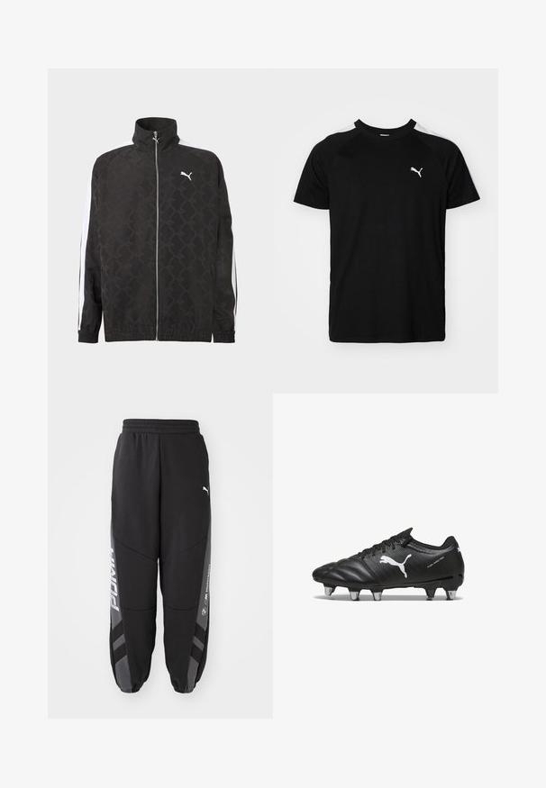 Sort fuld-zipjakke med subtilt geometrisk mønster, hvid Puma-logo på brystet og hvide striber ned ad ærmerne.; Sort kortærmet t-shirt med hvide accentstriber på skuldrene, rund halsudskæring og lille hvidt logo på venstre bryst. Blødt stof, klassisk pasform.; Sorte joggebukser lavet af blødt materiale. Har elastisk talje, tapered ben, grå detaljer og hvide logoer på siderne.; Sorte fodboldstøvler med tekstureret materiale, hvidt Puma-logo, snørebåndslukning og metalstifter for godt greb. Designet understreger ydeevne og støtte.