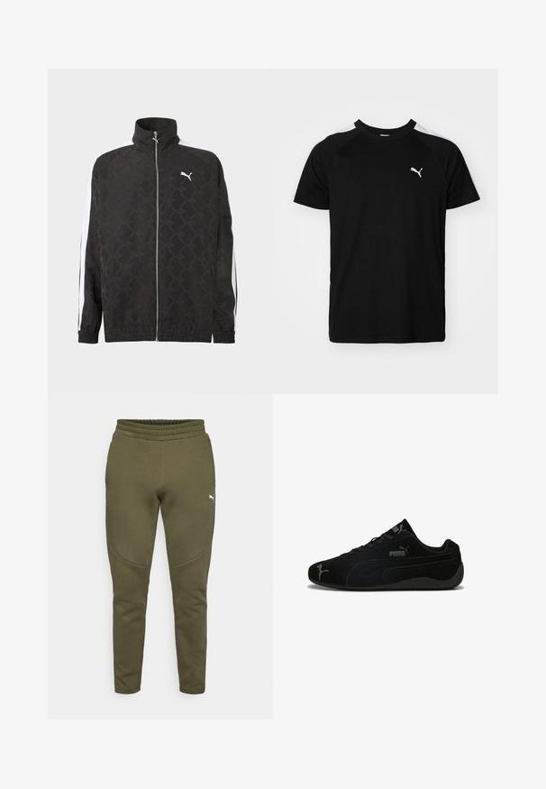 Sort fuld-zipjakke med subtilt geometrisk mønster, hvid Puma-logo på brystet og hvide striber ned ad ærmerne.; Sort kortærmet t-shirt med hvide accentstriber på skuldrene, rund halsudskæring og lille hvidt logo på venstre bryst. Blødt stof, klassisk pasform.; Olivengrønne sweatpants med en tætsiddende pasform, elastisk talje og et lille hvidt logo på venstre side. Blødt stof med en glat overflade.; Sorte ruskindssportssko med lav profil. Har et struktureret design, sort gummisål og sølv Puma-logo akcenter.