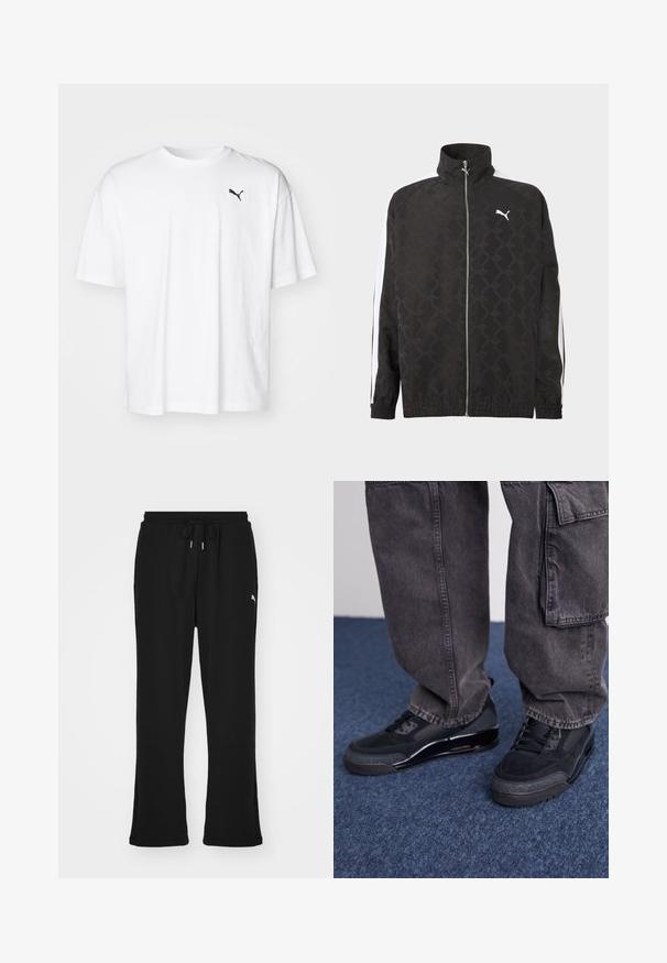 Veste noire à fermeture éclair intégrale avec un motif géométrique subtil, logo Puma blanc sur la poitrine, et des rayures blanches courant le long des manches.; T-shirt en coton blanc avec un col rond et des manches courtes. Présente un petit logo noir Puma sur la poitrine gauche. Texture douce.; Pantalons de survêtement noirs avec taille élastique et cordon de serrage, dotés de poches latérales et d'un logo discret sur la jambe gauche. Tissu doux, forme évasée.; Des chaussures de sport noires avec une surface texturée, des accents lisses et une semelle épaisse, accompagnées de pantalons cargo larges et foncés.