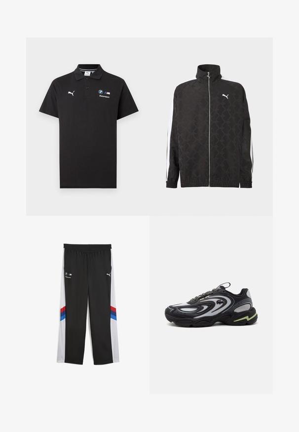 Veste noire à fermeture éclair intégrale avec un motif géométrique subtil, logo Puma blanc sur la poitrine, et des rayures blanches courant le long des manches.; Polo noir avec logo Puma sur la poitrine gauche et logo BMW Motorsport sur la poitrine droite, doté d'une patte de boutonnage à deux boutons et de manches courtes.; Pantalon de sport noir avec une coupe large, doté de panneaux latéraux blancs et de rayures rouges et bleues. Taille élastique pour un ajustement réglable.; Baskets Lacoste Storm 2K noires et grises avec motifs ondulés, lacets, et une semelle épaisse avec un accent vert clair.