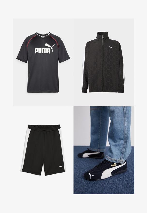 Schwarze Jacke mit durchgehendem Reißverschluss und dezentem geometrischem Muster, weißes Puma-Logo auf der Brust und weiße Streifen an den Ärmeln.; Schwarzes Puma-Sport-T-Shirt mit kurzen Ärmeln, weißem Logo, roten Akzenten entlang der Schultern und einem V-Ausschnitt. Hergestellt aus leichtem Material.; Schwarze Sportshorts mit weißen Seiteneinsätzen, elastischem Bund und kleinem weißen Puma-Logo am linken unteren Bein.; Schwarze Wildledersneaker mit weißen Akzenten und einem goldenen Logo. Getragen mit hellblauen Jeans und auf einer strukturierten blauen Oberfläche platziert.