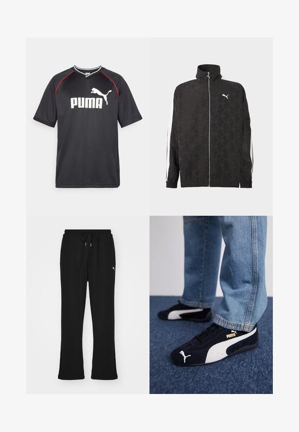 Čierna bunda na zips so subtílnym geometrickým vzorom, bielym logom Puma na hrudi a bielymi pruhmi pozdĺž rukávov.; Čierne športové tričko Puma s krátkymi rukávmi, biele logo, červené akcenty na pleciach a výstrih v tvare V. Vyrobené z ľahkého materiálu.; Čierne teplákové nohavice s elastickým pásom a šnúrkou, so bočnými vreckami a nenápadným logom na ľavom stehne. Mäkká tkanina, rozšírený strih.; Čierne semišové tenisky s bielymi akcentmi, so zlatým logom. Nosené s svetlomodrými denimovými džínsy a položené na textúrovanej modrej ploche.