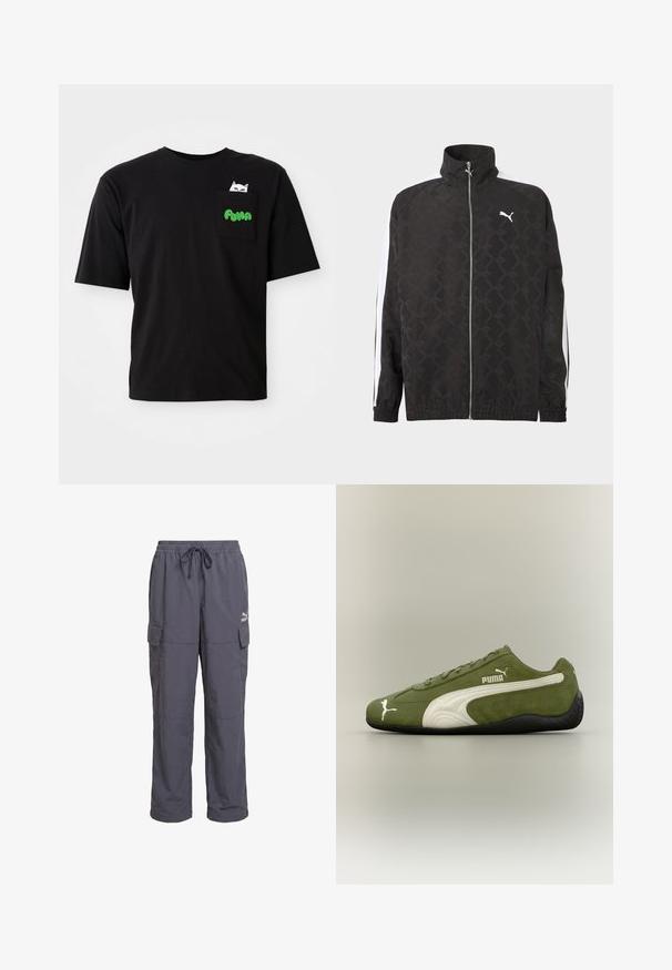 Sort fuld-zipjakke med subtilt geometrisk mønster, hvid Puma-logo på brystet og hvide striber ned ad ærmerne.; Sort bomulds T-shirt med korte ærmer, med en lomme med et katte-grafik og grøn "PUMA" tekst. Casual pasform og glat tekstur.; Mørkegrå løstsiddende cargobukser med elastisk taljebånd, snøre og klaplommer på siderne, med Puma-logo på højre lår.; Olivengrøn ruskinds Puma-sneaker med hvid stribe og logo, sort sål, set fra siden på neutral baggrund.
