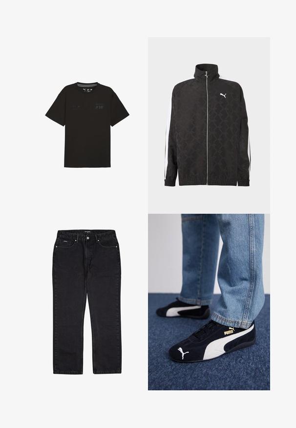 Zwarte jas met volledige ritssluiting en een subtiel geometrisch patroon, wit Puma-logo op de borst en witte strepen langs de mouwen.; Zwarte katoenen t-shirt met ronde hals, korte mouwen en grafische prints waaronder "#18" en logo's op de voorkant. Eenvoudig, egaal ontwerp.; Zwarte denim jeans met een recht afgesneden ontwerp, vijf zakken en zilveren hardware. De stof heeft een zachte textuur met een subtiele glans.; Zwarte suède sneakers met witte accenten, voorzien van een gouden logo. Gemaakt met lichtblauwe spijkerbroek en geplaatst op een textuur blauwe ondergrond.