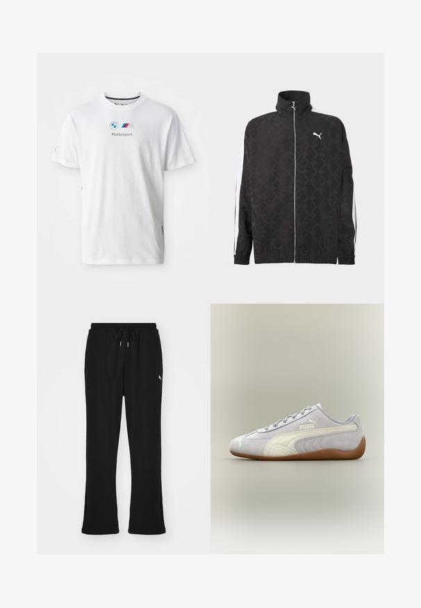 Schwarze Jacke mit durchgehendem Reißverschluss und dezentem geometrischem Muster, weißes Puma-Logo auf der Brust und weiße Streifen an den Ärmeln.; Weißes Baumwoll-T-Shirt mit dem BMW-Logo, grauem "Motorsport"-Text und farbigen Akzenten an den Seiten. Kurze Ärmel und Rundhalsausschnitt.; Schwarze Jogginghosen mit elastischem Bund und Kordelzug, ausgestattet mit Seitentaschen und einem dezenten Logo am linken Bein. Weicher Stoff, schmal zulaufende Form.; Hellgrauer Puma Veloursledersneaker mit weißem Streifendetail und Gummisohle, von der Außenseite vor neutralem Hintergrund betrachtet.