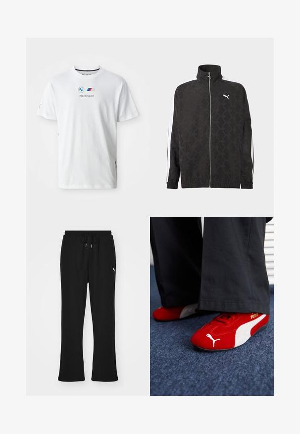Schwarze Jacke mit durchgehendem Reißverschluss und dezentem geometrischem Muster, weißes Puma-Logo auf der Brust und weiße Streifen an den Ärmeln.; Weißes Baumwoll-T-Shirt mit dem BMW-Logo, grauem "Motorsport"-Text und farbigen Akzenten an den Seiten. Kurze Ärmel und Rundhalsausschnitt.; Schwarze Jogginghosen mit elastischem Bund und Kordelzug, ausgestattet mit Seitentaschen und einem dezenten Logo am linken Bein. Weicher Stoff, schmal zulaufende Form.; Rote Wildledersneaker mit weißen Akzenten, aus strukturiertem Material, mit runder Zehenpartie und einem goldenen Logo an der Seite, getragen mit schwarzen Hosen.