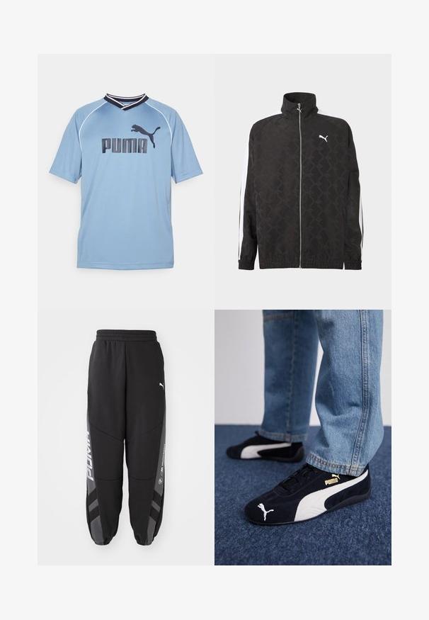 Čierna bunda na zips so subtílnym geometrickým vzorom, bielym logom Puma na hrudi a bielymi pruhmi pozdĺž rukávov.; Svetlomodrá športová košeľa s krátkymi rukávmi, V-výstrihom, s čiernym logom Puma a bielymi akcentmi na golieri a rukávoch.; Čierne jogger nohavice vyrobené z mäkkého materiálu. Majú elastický pás, zúžené nohy, sivé akcenty a biele logá po stranách.; Čierne semišové tenisky s bielymi akcentmi, so zlatým logom. Nosené s svetlomodrými denimovými džínsy a položené na textúrovanej modrej ploche.