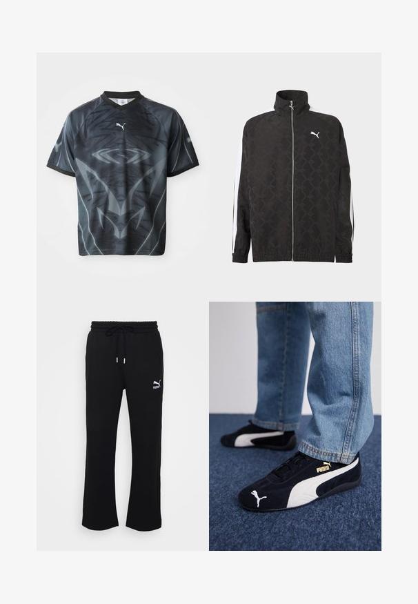 Zwarte jas met volledige ritssluiting en een subtiel geometrisch patroon, wit Puma-logo op de borst en witte strepen langs de mouwen.; Korte mouwen zwart en grijs sportshirt met een tribal-achtige patronen en een klein wit Puma-logo op de voorkant.; Zwarte trainingsbroek met een trekkoord in de taille, voorzien van een geribbelde tailleband en zijzakken. Het Puma-logo staat op de linker dij.; Zwarte suède sneakers met witte accenten, voorzien van een gouden logo. Gemaakt met lichtblauwe spijkerbroek en geplaatst op een textuur blauwe ondergrond.