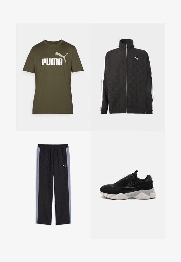 Schwarze Jacke mit durchgehendem Reißverschluss und dezentem geometrischem Muster, weißes Puma-Logo auf der Brust und weiße Streifen an den Ärmeln.; Olivgrünes Baumwoll-T-Shirt mit einem großen weißen "PUMA"-Logo und einem springenden PUMA-Grafik auf der linken Schulter. Kurze Ärmel, Rundhalsausschnitt.; Schwarze und graue Puma-Trainingshose mit dezentem geometrischem Muster und elastischem Taillenbund, mit weißem Puma-Logo am rechten Oberschenkel.; Schwarze Sneaker aus einer Mischung aus strukturiertem Mesh und Wildleder. Verfügt über eine dicke weiße Sohle und dezente graue Akzente an den Seiten.