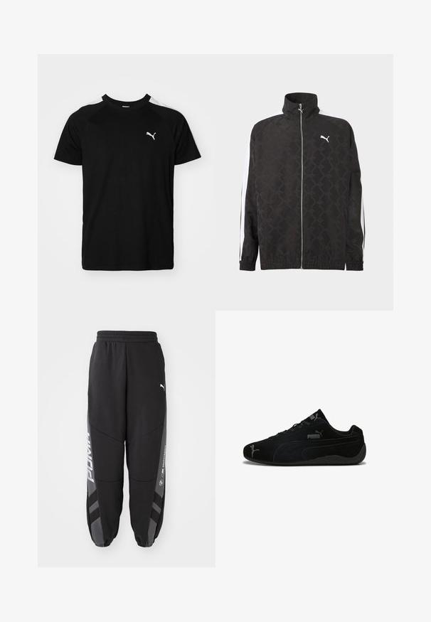 Schwarze Jacke mit durchgehendem Reißverschluss und dezentem geometrischem Muster, weißes Puma-Logo auf der Brust und weiße Streifen an den Ärmeln.; Schwarzes Kurzarm-T-Shirt mit weißen Akzentstreifen auf den Schultern, runden Halsausschnitt und kleinem weißen Logo auf der linken Brust. Weicher Stoff, klassische Passform.; Schwarze Jogginghosen aus weichem Material. Mit elastischem Bund, schmal zulaufenden Beinen, grauen Akzenten und weißen Logos an den Seiten.; Schwarze Wildleder-Sportschuhe mit flachem Profil. Merkmale ein strukturiertes Design, eine schwarze Gummisohle und silberne Puma-Logo-Akzente.