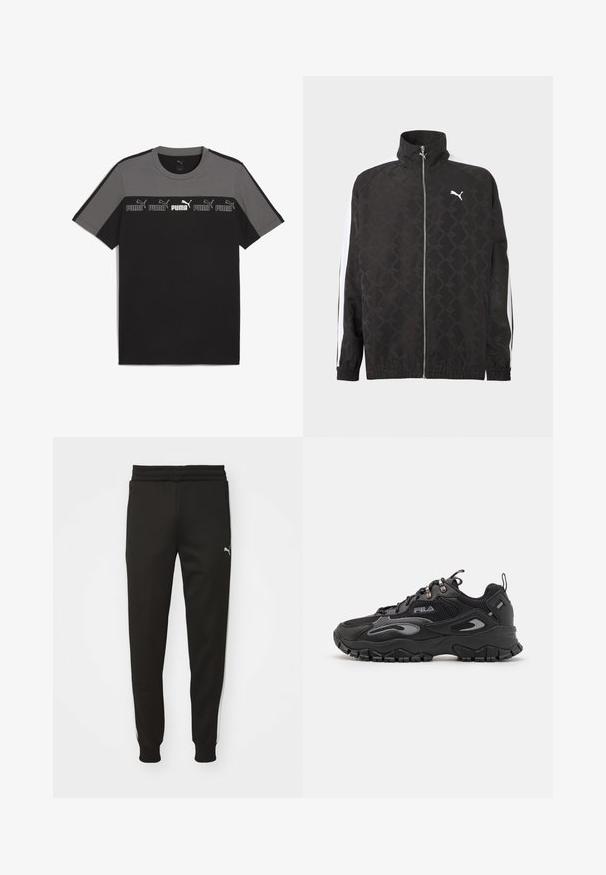 Schwarze Jacke mit durchgehendem Reißverschluss und dezentem geometrischem Muster, weißes Puma-Logo auf der Brust und weiße Streifen an den Ärmeln.; Schwarz-graues T-Shirt mit kurzen Ärmeln und rundem Ausschnitt, das ein wiederholtes weißes 'PUMA'-Logo über der Brust aufweist und aus glattem Baumwollmaterial besteht.; Schwarze Sporthose mit schmalem Schnitt, elastischem Bund, Seitentaschen und weißen Seitestreifen. Mit einem kleinen Logo auf dem linken Oberschenkel.; Schwarze Sneaker mit einem Obermaterial aus Mesh und Synthetik, Gummisohle, abgerundeter Zehenpartie und reflektierenden Akzenten an den Seiten und Schnürsenkeln.