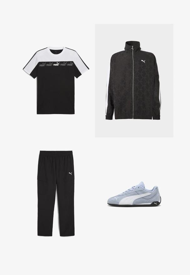 Schwarze Jacke mit durchgehendem Reißverschluss und dezentem geometrischem Muster, weißes Puma-Logo auf der Brust und weiße Streifen an den Ärmeln.; Schwarz-weiße kurzärmlige T-Shirt aus Baumwolle, mit einem auffälligen PUMA-Logo in der Mitte und einem strukturierten Design auf der Brust.; Schwarze Cargo-Hosen aus leichtem Stoff, mit einem elastischen Bund, zwei Seiten Taschen und einem kleinen weißen Logo auf der Vorderseite.; Hellblauer Wildleder-Sneaker mit weißen Akzenten, perforierter Textur und schwarzer Gummisohle. Verfügt über Schnürsenkel und ein seitliches Logo.