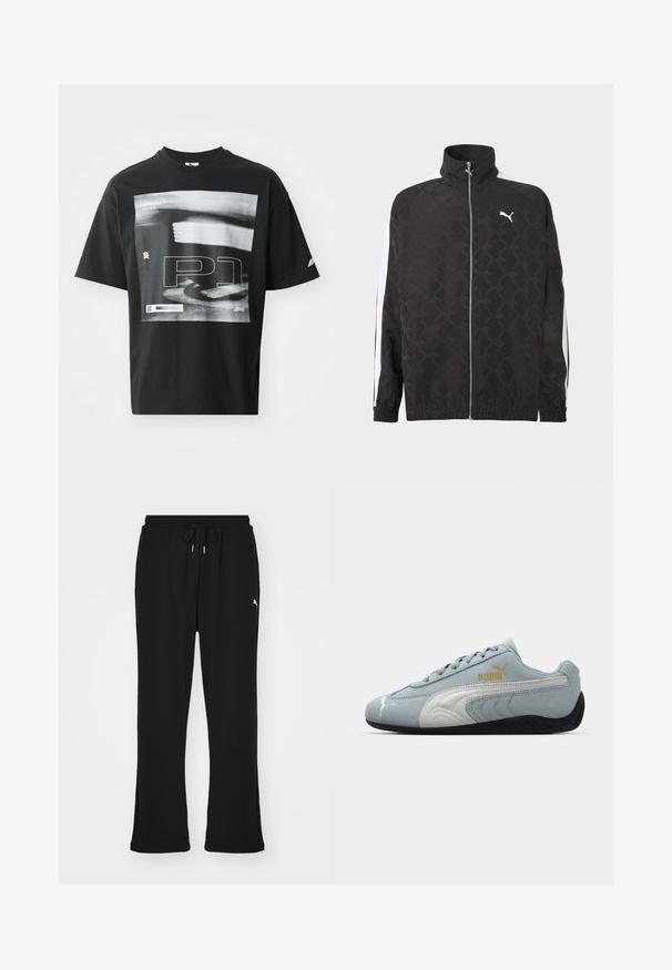 Chaqueta negra con cremallera completa y sutil patrón geométrico, logo blanco de Puma en el pecho y rayas blancas a lo largo de las mangas.; Camiseta de algodón negra con un estampado gráfico que incluye elementos de texto, como "FORMULA 1 RACING" y "P1". Cuello redondo y mangas cortas.; Pantalones de chándal negros con cintura elástica y cordón, con bolsillos laterales y un sutil logo en la pierna izquierda. Tela suave, forma acampanada.; Zapatilla de ante azul claro con detalles en blanco, diseño texturizado en los laterales, suela de goma negra y logo dorado. Diseñada para uso casual.