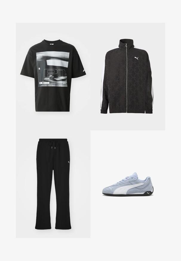 Chaqueta negra con cremallera completa y sutil patrón geométrico, logo blanco de Puma en el pecho y rayas blancas a lo largo de las mangas.; Camiseta de algodón negra con un estampado gráfico que incluye elementos de texto, como "FORMULA 1 RACING" y "P1". Cuello redondo y mangas cortas.; Pantalones de chándal negros con cintura elástica y cordón, con bolsillos laterales y un sutil logo en la pierna izquierda. Tela suave, forma acampanada.; Zapatilla deportiva de ante azul claro con detalles blancos, textura perforada y suela de goma negra. Cuenta con cordones y un logo lateral.