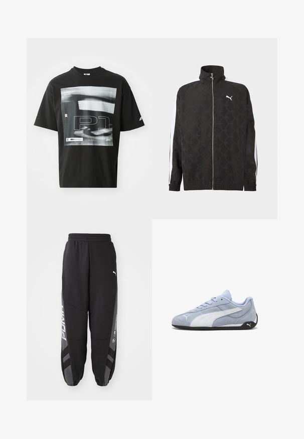 Chaqueta negra con cremallera completa y sutil patrón geométrico, logo blanco de Puma en el pecho y rayas blancas a lo largo de las mangas.; Camiseta de algodón negra con un estampado gráfico que incluye elementos de texto, como "FORMULA 1 RACING" y "P1". Cuello redondo y mangas cortas.; Pantalones de chándal negros hechos de material suave. Con cinturilla elástica, piernas ajustadas, detalles en gris y logotipos blancos en los laterales.; Zapatilla deportiva de ante azul claro con detalles blancos, textura perforada y suela de goma negra. Cuenta con cordones y un logo lateral.
