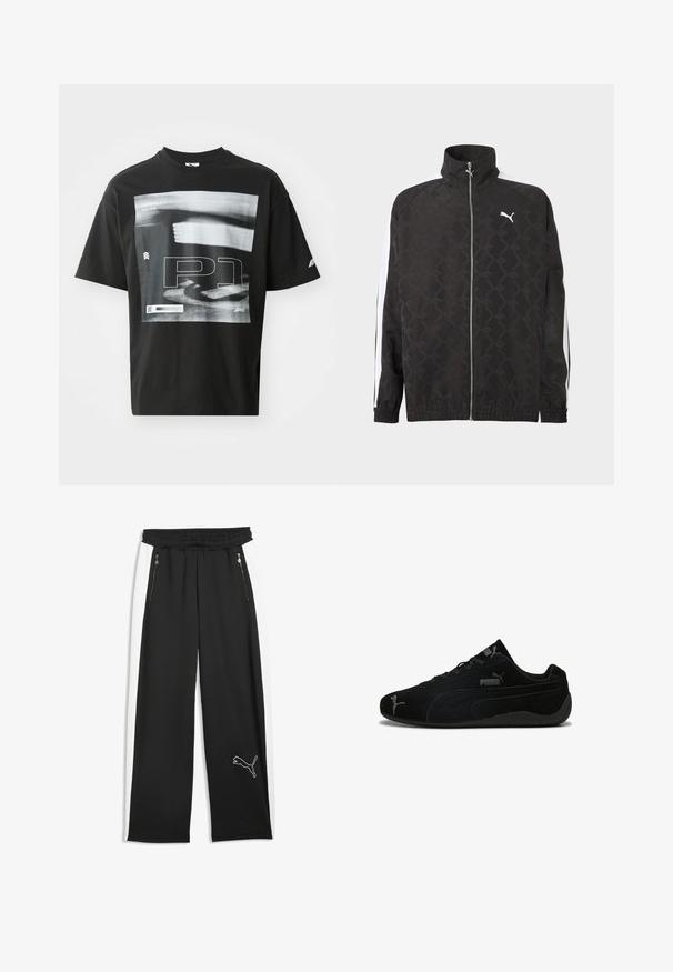 Chaqueta negra con cremallera completa y sutil patrón geométrico, logo blanco de Puma en el pecho y rayas blancas a lo largo de las mangas.; Camiseta de algodón negra con un estampado gráfico que incluye elementos de texto, como "FORMULA 1 RACING" y "P1". Cuello redondo y mangas cortas.; Pantalones deportivos negros con rayas laterales blancas, dos bolsillos delanteros con cremallera, cintura elástica y un logo de Puma en la parte inferior de la pierna izquierda.; Zapatillas deportivas de ante negro con un perfil bajo. Presentan un diseño texturizado, suela de goma negra y acentos del logo plateado de Puma.