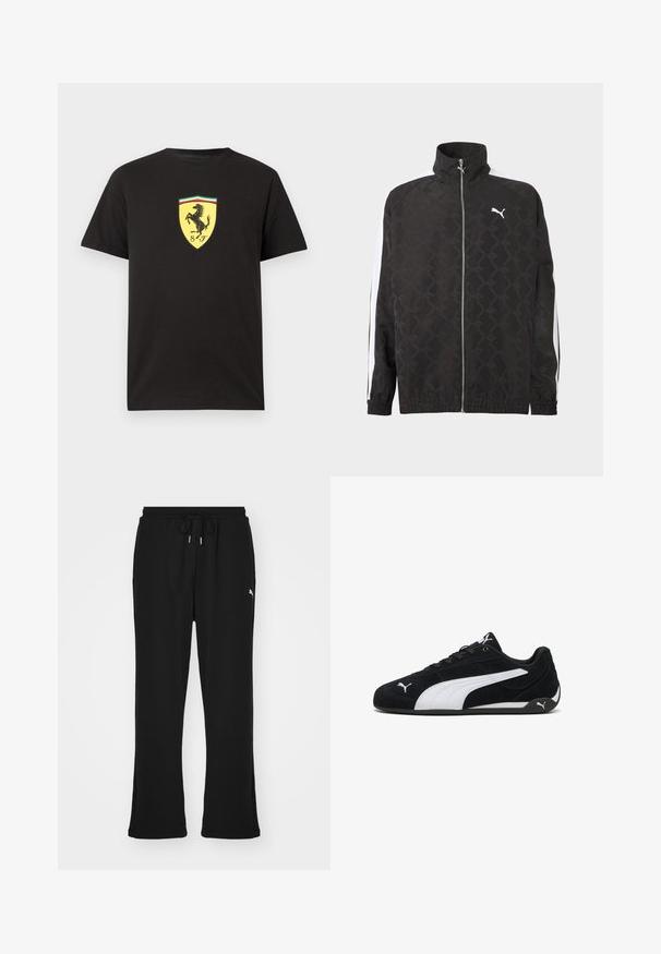 Veste noire à fermeture éclair intégrale avec un motif géométrique subtil, logo Puma blanc sur la poitrine, et des rayures blanches courant le long des manches.; T-shirt noir à manches courtes avec un logo écusson Ferrari jaune présentant un cheval cabré noir et des bandes vertes, blanches et rouges en haut au centre.; Pantalons de survêtement noirs avec taille élastique et cordon de serrage, dotés de poches latérales et d'un logo discret sur la jambe gauche. Tissu doux, forme évasée.; Chaussures de sport en daim noir avec une bande latérale blanche, des accents de marque blancs, une semelle plate noire et des lacets noirs.