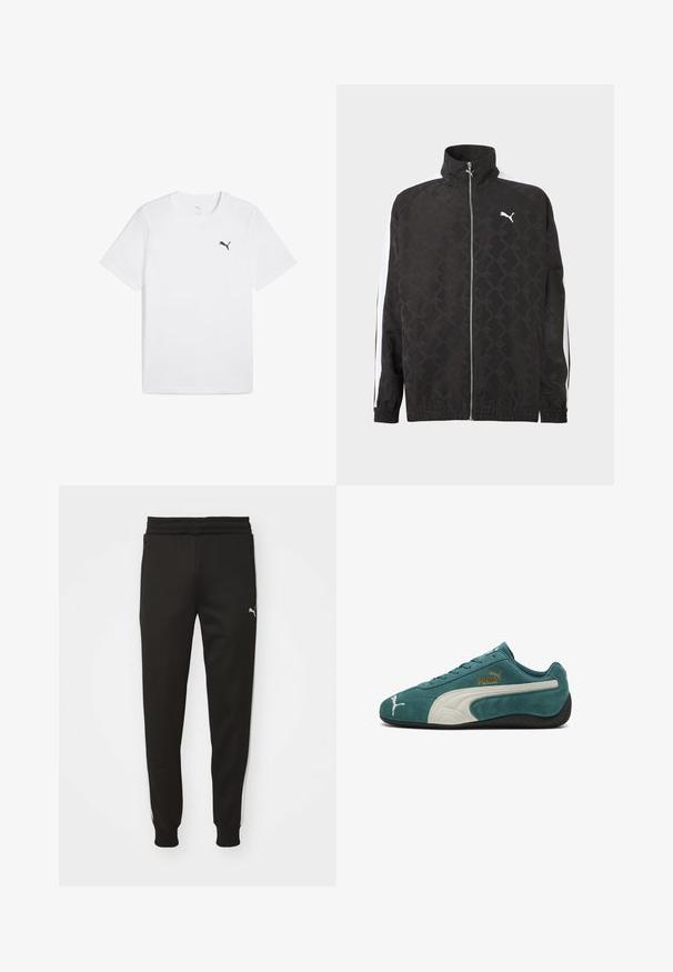 Sort fuld-zipjakke med subtilt geometrisk mønster, hvid Puma-logo på brystet og hvide striber ned ad ærmerne.; Hvid bomulds T-shirt med korte ærmer og rund hals, med et lille sort Puma-logo på den øverste venstre bryst.; Sorte træningsbukser med tapered fit, elastisk talje, sidelommer og hvide side-striber. Har et lille logo på venstre lår.; Turkis ruskind Puma-sneakers med hvid side-stribe, guld Puma-logo, sort sål og hvidt Puma-katlogo på tåområdet.