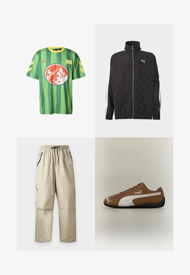 Veste noire à fermeture éclair intégrale avec un motif géométrique subtil, logo Puma blanc sur la poitrine, et des rayures blanches courant le long des manches.; Maillot à manches courtes rayé vert et jaune en tissu léger, arborant un logo rond proéminent avec un design de montagne orange et blanc.; Pantalon léger beige avec taille élastique, cordon de serrage noir et poches latérales zippées, présenté de face sur un fond uni.; Baskets en daim marron avec des accents blancs et un design texturé. Elles disposent d'une semelle en caoutchouc noire et d'un logo Puma proéminent sur le côté.