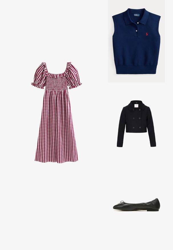 Sort cropped dobbelbrystet frakke med lange ærmer og bred krave, der har seks frontknapper arrangeret i to lodrette rækker.; Navyblå ærmeløs polo sweater med krave, to knapper foran og rød broderet logo på venstre bryst.; Rød og hvid ternet kjole med smocket krop, puffede korte ærmer, firkantet udskæring og langt samlet skørt.; Sort læder balletflad med rund tå, der har en lille sløjfe og en slank, flad gummisål. Glat tekstur og minimalistisk design.