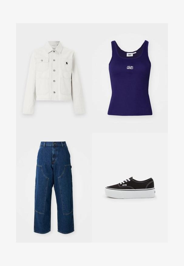 Witte corduroy jas met lange mouwen, vier zakken aan de voorkant, metalen knopen in het midden en een klein zwart logoplaatje op de linkerborstzak.; Navyblauw geribbelde tanktop met mouwloos ontwerp, voorzien van een klein wit geborduurd logo op de borst en een ronde halslijn.; Donkerdenim wijde jeans met hoge taille, voorzien van grote voorzakken en contrasterende stiksels. De stof heeft een lichte textuur.; Zwarte canvas sneaker met een witte rubberen platformzool, voorzien van witte veters en stiksels, iconische branding op de zijkant, low-top ontwerp.
