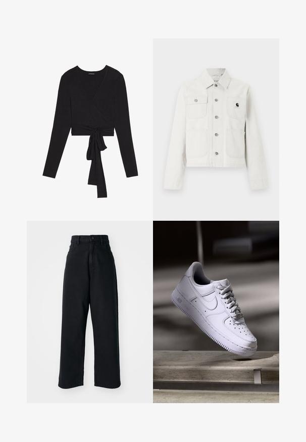Veste en velours côtelé blanc à manches longues, avec quatre poches avant, des boutons métalliques au centre, et un petit patch logo noir sur la poche poitrine gauche.; Even&Odd T-shirt à manches longues - black; Jean noir taille haute à jambes larges avec poches avant et fermeture à bouton, présenté sur un fond blanc uni.; Baskets Nike Air Force 1 blanches lévitant au-dessus d'une surface en béton avec des ombres dans un cadre minimaliste.