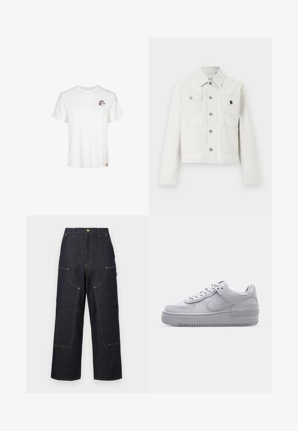 Witte corduroy jas met lange mouwen, vier zakken aan de voorkant, metalen knopen in het midden en een klein zwart logoplaatje op de linkerborstzak.; Witte katoenen t-shirt met korte mouwen, ronde halslijn en een klein bruin grafisch logo op de linkerkant van de borst. Zachte textuur en een standaard pasvorm.; Donkerblauwe wijde denim broek met meerdere zakken aan de voorkant, contrasterende oranje stiksels en een knoopsluiting in de taille.; Grijze Nike Air Force 1 sneaker met geperforeerde neus, glad leren bovenwerk, dikke zool en verhoogde 'AIR' details op de hiel.