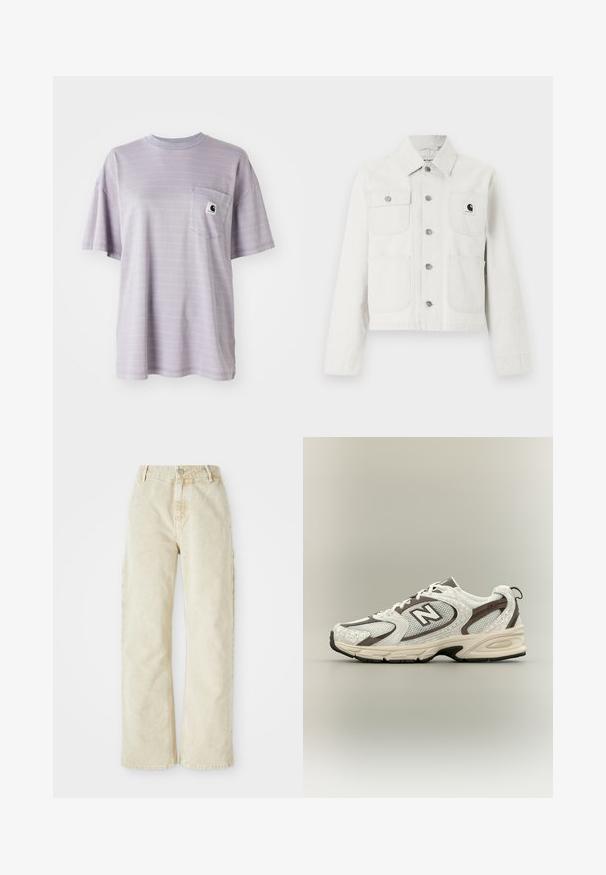 Λευκό σακάκι από κορντόρι με μακριά μανίκια, τέσσερις θήκες μπροστά, μεταλλικά κουμπιά στο κέντρο και ένα μικρό μαύρο λογότυπο στο αριστερό στήθος.; Λαμπερό μωβ κοντομάνικο μπλουζάκι με διακριτές οριζόντιες ρίγες και τσέπη στο στήθος με μικρό λογότυπο μάρκας. Μαλακό βαμβακερό ύφασμα.; Μπεζ τζιν παντελόνι σε ίσια γραμμή με ψηλή μέση, διαθέτει μπροστινό κουμπί και φερμουάρ, θηλιές ζώνης και πλάγιες τσέπες. Μαλακή υφή.; Λευκό και γκρι αθλητικό παπούτσι New Balance 530 με επάνω μέρος από δίχτυ, σχέδιο με κορδόνια και επενδεδυμένη σόλα σε ουδέτερο φόντο.
