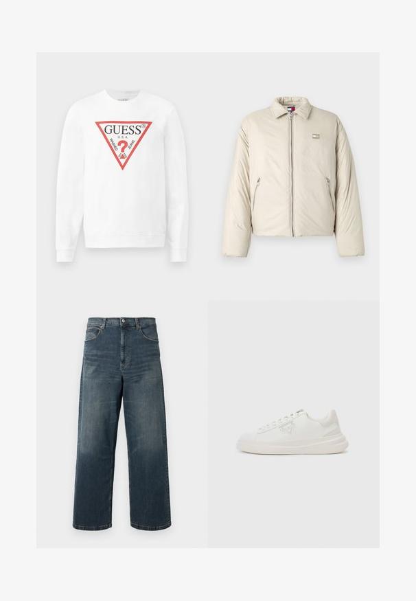 Beige pufferjakke med ståkrave, frontlynlås og to sidelommer. Har et logo patch på venstre bryst.; Hvid bomulds sweatshirts med et stort rødt trekantet logo med teksten "GUESS U.S.A." og "WASHED JEANS", samt et centralt spørgsmålstegn ikon.; Bredde ben denim jeans i mørkeblå, med en falmet vask, fem lomme-design og solid syning. Knappelukning i taljen.; Hvide sneakers med en glat læderoverdel, rund tå, tonale snørebånd og en gummisål. Har prægede logoer og subtile detaljer på hælen.