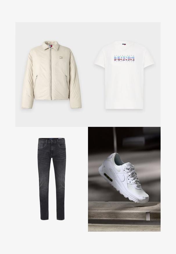 Beige pufferjakke med ståkrave, frontlynlås og to sidelommer. Har et logo patch på venstre bryst.; Hvid kortærmet T-shirt med teksten "1985" og "Tommy Jeans" over en blå og rød stribet baggrund på brystet.; Smal pasform herre mørkegrå vaskede jeans med for- og baglommer, knaplukning og bæltestropper.; Hvide Nike Air Max 90 sneakers med en overdel i mesh og læder, perforeret tåboks og en synlig luftenhed i hælen.