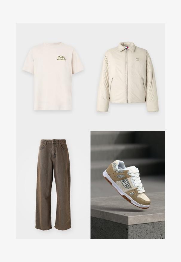 Beige pufferjack met een staande kraag, vooraan met ritssluiting en twee zijzakken. Heeft een logo-opdruk op de linkerborst.; Crème katoenen t-shirt met korte mouwen. Bevat een groen logo met de tekst "The Doors ELEMENT X TIMBER!" op de linkerborst.; Brede, bruine denim broek met een knoopsluiting, riemlussen en zijzakken. De stof heeft een licht vervaagde textuur.; Beige en witte sneaker met luipaardprintpanelen en witte veters zwevend boven een betonnen richel tegen een wazige achtergrond van trappen.