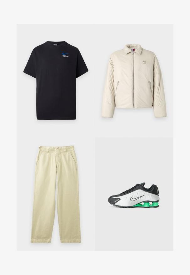 Chaqueta acolchada beige con cuello alto, cierre frontal con cremallera y dos bolsillos laterales. Presenta un parche de logo en el lado izquierdo del pecho.; Camiseta negra de manga corta con pequeño swoosh azul de Nike y texto blanco "DEPARTAMENTO ATLETICO SOLO HAZLO." en la parte superior izquierda del pecho.; Pantalones de algodón beige con un corte relajado, que cuentan con bolsillos laterales, presillas para cinturón y piernas rectas. Textura suave con detalles mínimos de costura.; Zapatilla deportiva en blanco y negro con detalles en verde, que presenta un diseño elegante, parte superior texturizada y una suela segmentada distintiva.