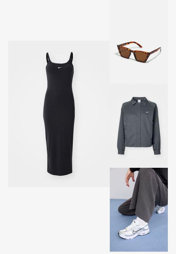 Nike Sportswear Leichte Jacke - black; Schwarzes, figurbetontes Midikleid mit dünnen Trägern, gerippter Struktur und kleinem weißen Nike-Logo auf der Brust. Minimalistisches Design, dehnbare Stoff.; Weiße und silberne Sportschuhe aus Mesh- und Synthetikmaterialien, mit schwarzen Akzentlinien, Schnürsenkeln und strukturierten Sohlen.; Braungetönte Sonnenbrille mit Schildpattmuster, eckigem Rahmen und schlanken Bügeln. Hergestellt aus leichtem Kunststoffmaterial.