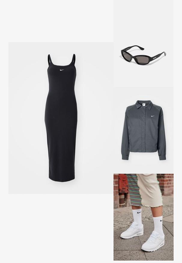 Nike Sportswear Letná bunda - black; Čierne priliehavé midi šaty s tenkými ramienkami, rebrovanou textúrou a malým bielym logom Nike na hrudi. Minimalistický dizajn, elastický materiál.; Biele tenisky Nike Air Max 90 s vrchnou časťou z kombinácie sieťovaného a koženého materiálu, s viditeľnou vzduchovou jednotkou, v kombinácii s bielymi rebrovanými ponožkami s čiernym logom.; Čierne slnečné okuliare s obdĺžnikovým rámom, tmavými šošovkami, hladkým plastovým materiálom a kovovým akcentom na ramene.