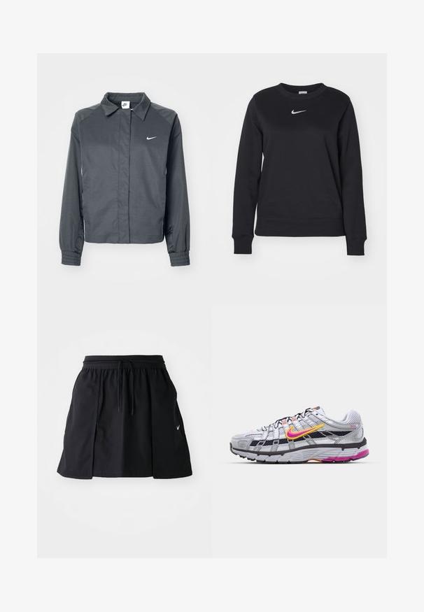 Nike Sportswear Letná bunda - black; Čierna mikina vyrobená z bavlnenej zmesi, s rebrovanými manžetami a lemom, okrúhlym výstrihom a strieborným logom Nike na hrudi.; Čierna športová sukňa s elastickým pásom a nastaviteľnou šnúrkou. Obsahuje bočné rozparky, ľahkú látku a malú nášivku na leme.; Šedé bežecké topánky z materiálu mesh s charakteristickým ružovým a žltým piktogramom, čiernymi akcentmi a textúrovanou gumovou podrážkou. Obsahujú zosilnenú špičku a polstrovaný golier.
