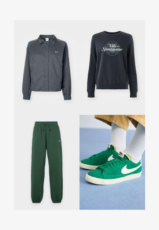 Nike Sportswear Letná bunda - black; Tmavomodrá mikina z mäkkého materiálu, s okrúhlym výstrihom, dlhými rukávmi a grafickým logom "Nike Sportswear" na prednej strane.; Tmavozelené tepláky vyrobené z mäkkej látky, s elastickým pásom so sťahovacou šnúrkou a zúženými manžetami. Malé biele logo na prednej strane.; Zelené semišové tenisky s bielym logom Nike, gumovou podrážkou a polstrovaným golierom. Textúrovaný zvršok s plochými šnúrkami a živými farebnými akcentmi.