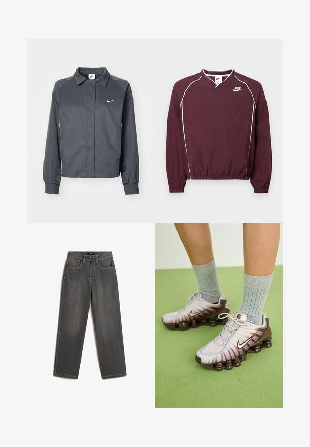 Nike Sportswear Let jakke / Sommerjakker - black; Vinrød Nike-pullover med V-udskæring, elastisk kant og manchetter, hvide kantbånd, lavet af letvægtsstof. Har Nike-logoet på brystet.; Grå vidde jeans lavet af denim. Har fem lommer, en frontknap og lynlås lukning, samt subtil fading på stoffet.; Nike sneakers i lys pink og brun, med en tekstureret overdel, lagdelt design og en polstret sål med synlige luftenheder.