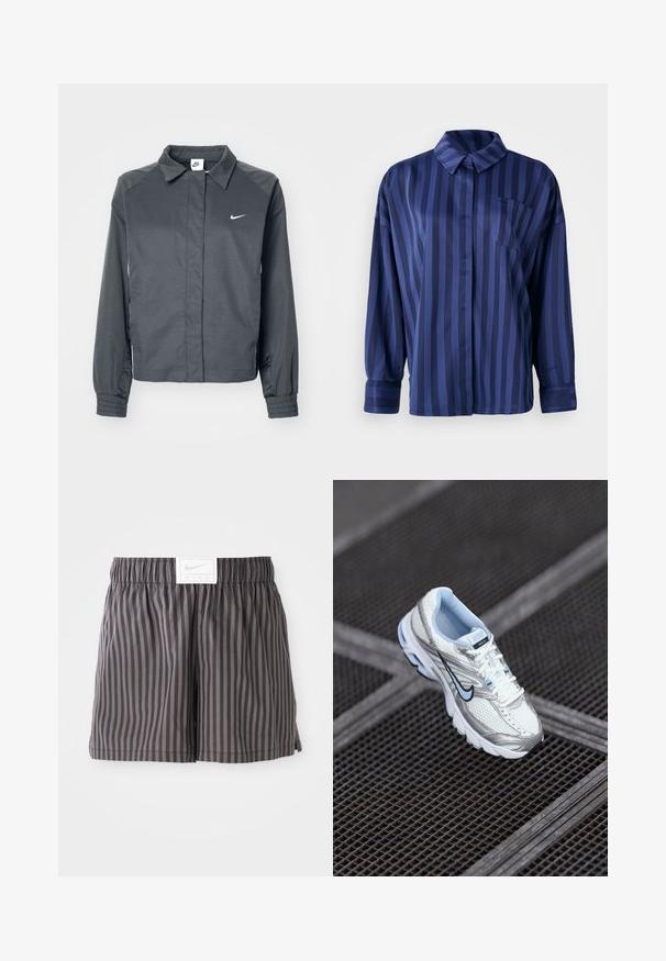 Nike Sportswear Lichte jas - black; Marineblauw gestreepte shirt met kraag, borstzak en lange mouwen. Gemaakt van een gladde, glanzende stof met een losse pasvorm.; Grijs gestreepte shorts gemaakt van lichtgewicht stof, met een elastische tailleband en een witte Nike logo-label aan de voorkant.; Witte mesh sport schoen met zilveren accenten, lichtblauwe stiksels en een zwart swoosh-logo. Heeft een gevoerde kraag en een gestructureerde zool.