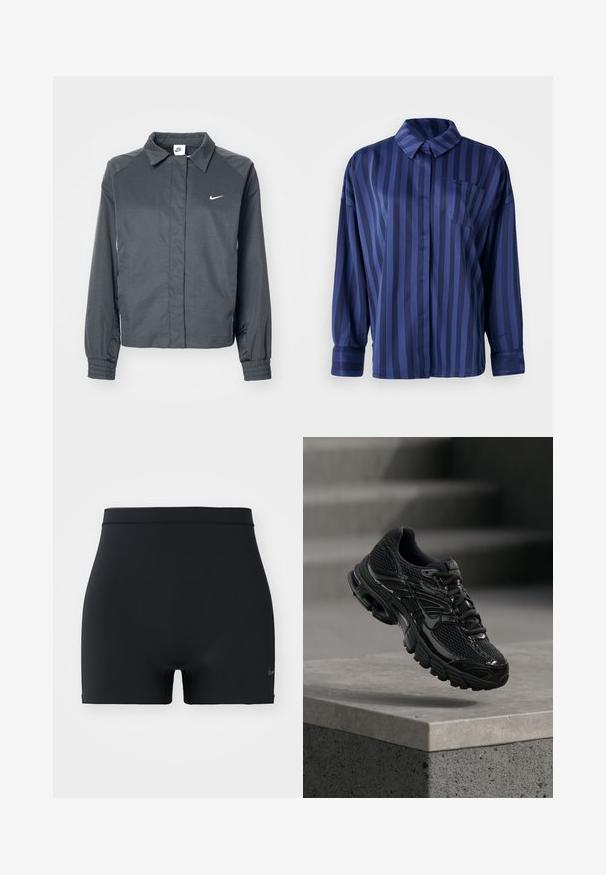 Nike Sportswear Letná bunda - black; Námornícky modrá pruhovaná košeľa s golierom, vreckom na hrudi a dlhými rukávmi. Vyrobené z hladkej, lesklej tkaniny s voľným strihom.; Čierne športové šortky vyrobené z hladkého, elastického materiálu, s pásom strednej výšky a malým logom Nike na ľavej strane.; Čierna bežecká topánka Nike s sieťovinovou a syntetickou vrchnou časťou vznášajúca sa nad betónovým povrchom a schodíkmi v pozadí.